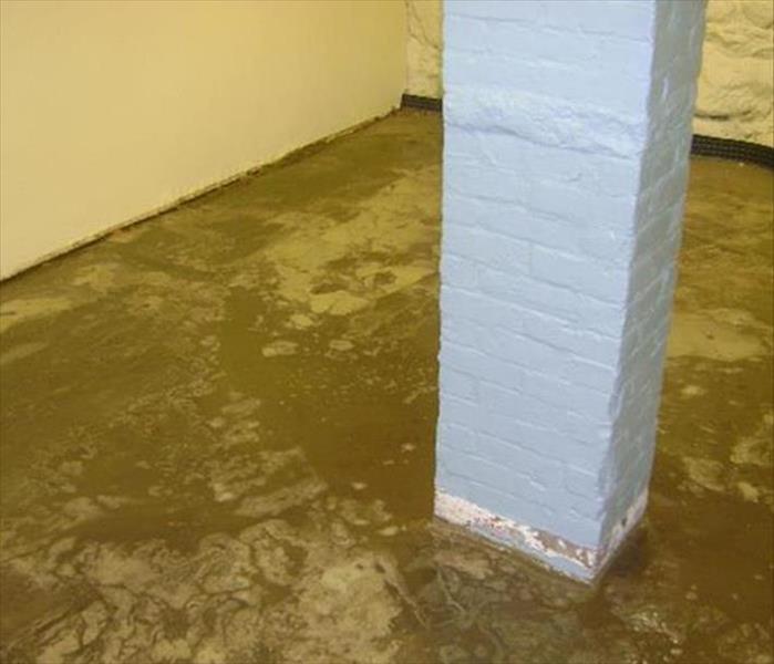 muddy deposits from flood on basement concrete pad