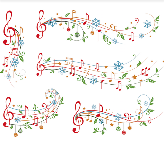 colorful music notes with Christmas decoration around them