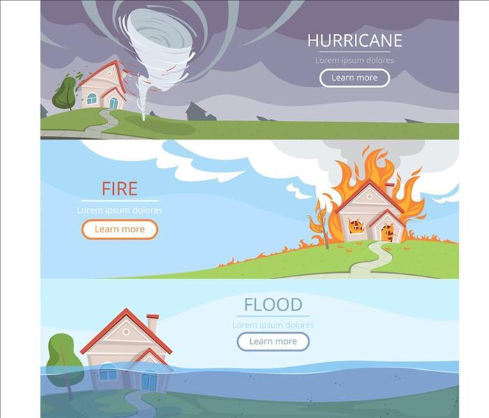 Images cartoons of hurricane, fire, storm