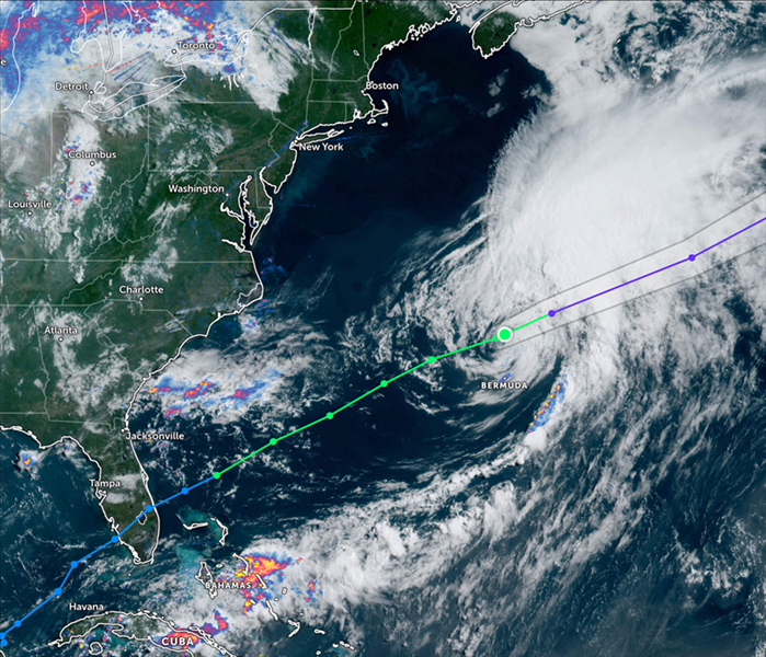 Satellite image & path of Tropical Storm Alex passing over the Atlantic Ocean.. 